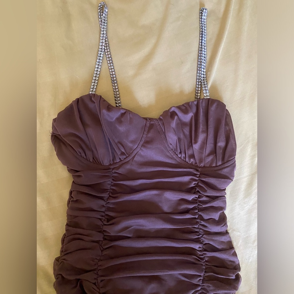 Mesh brown bodysuit, rhinestone straps